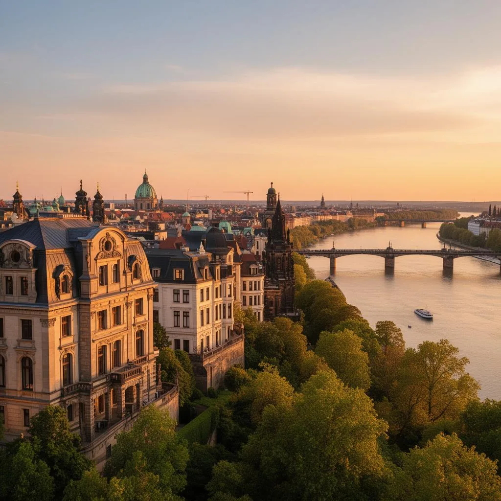 Panoramablick über das Dresdner Elbtal mit historischen Villen und der Elbe im Abendlicht